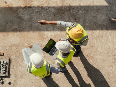 Top,View,,Team,Engineer,Building,Inspection,Use,Tablet,Computer,And